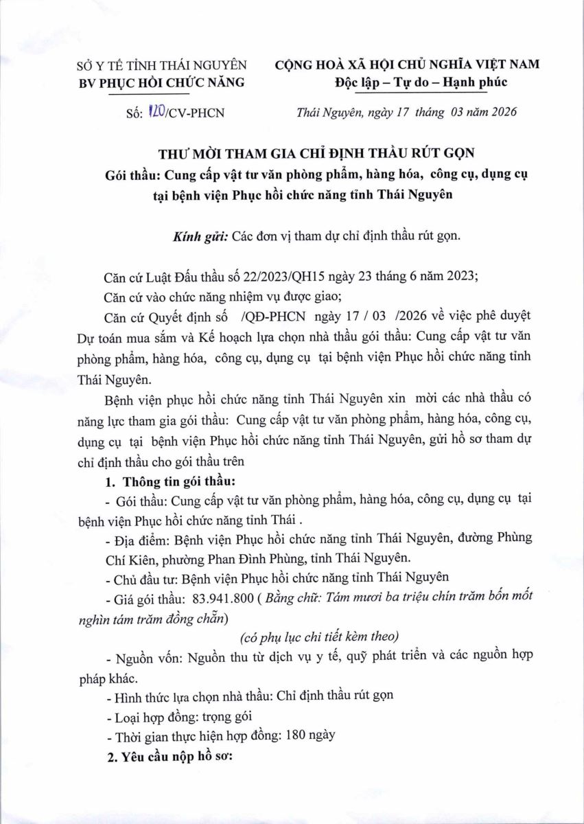 Thư mời tham gia chỉ định thầu rút gọn gói thầu cung cấp vật tư văn phòng phẩm. hàng hóa công cụ dụng cụ