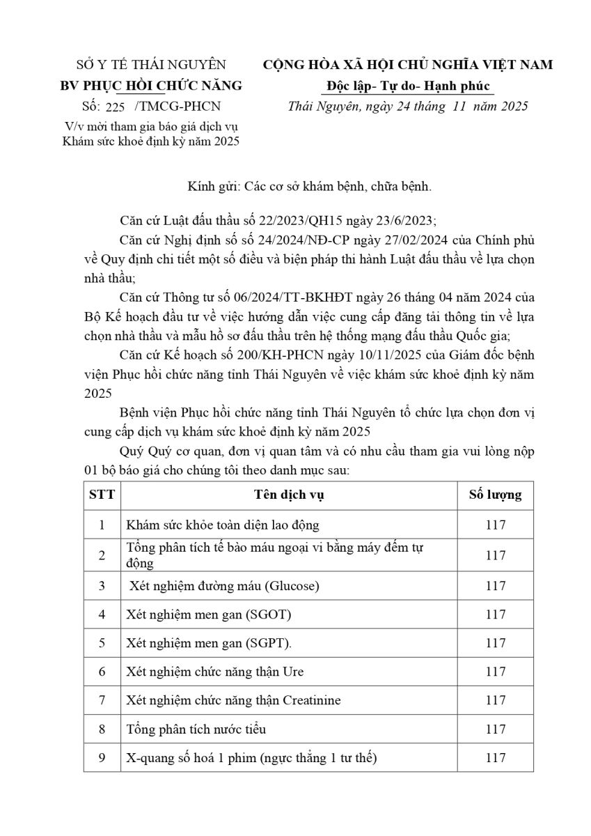 Mời tham gia báo giá dịch vụ Khám sức khỏe định kỳ năm 2025