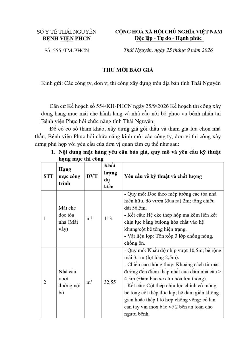 Thư mời báo giá thi công xây dựng mục mái che hành lang và nhà cầu nội bộ phục vụ bệnh nhân tại bệnh viện Phục hồi chức năng tỉnh Thái Nguyên