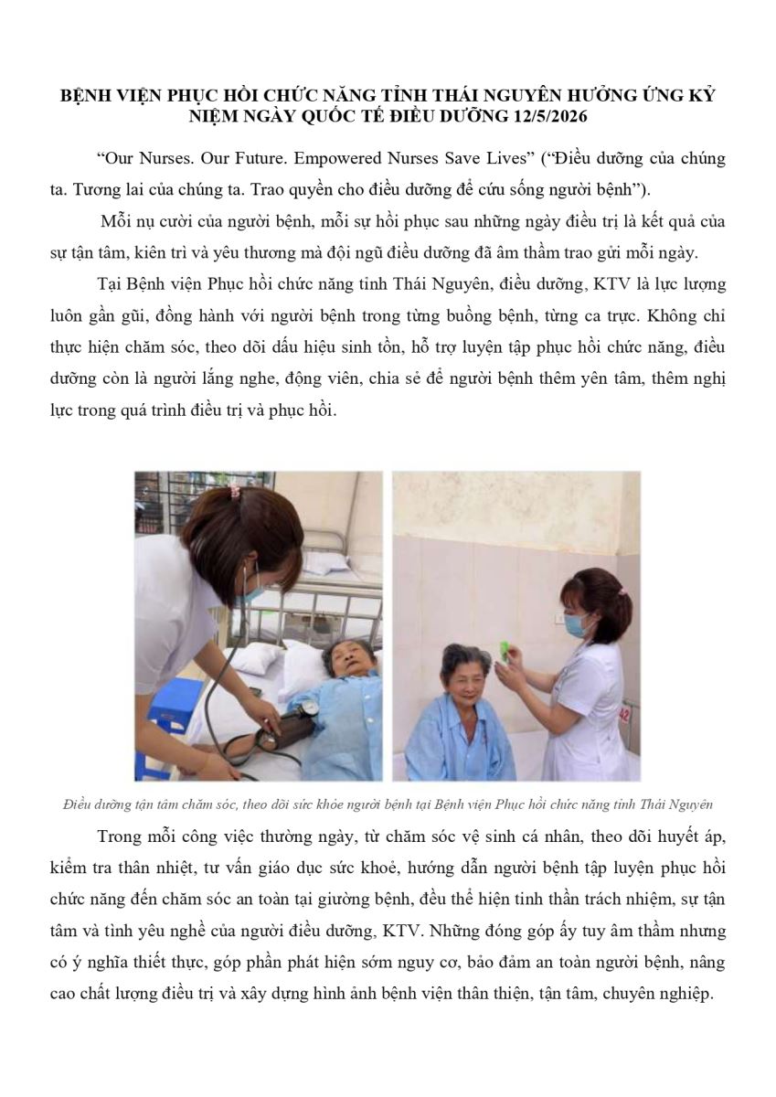 BỆNH VIỆN PHỤC HỒI CHỨC NĂNG TỈNH THÁI NGUYÊN HƯỞNG ỨNG KỶ NIỆM NGÀY QUỐC TẾ ĐIỀU DƯỠNG 12/5/2026