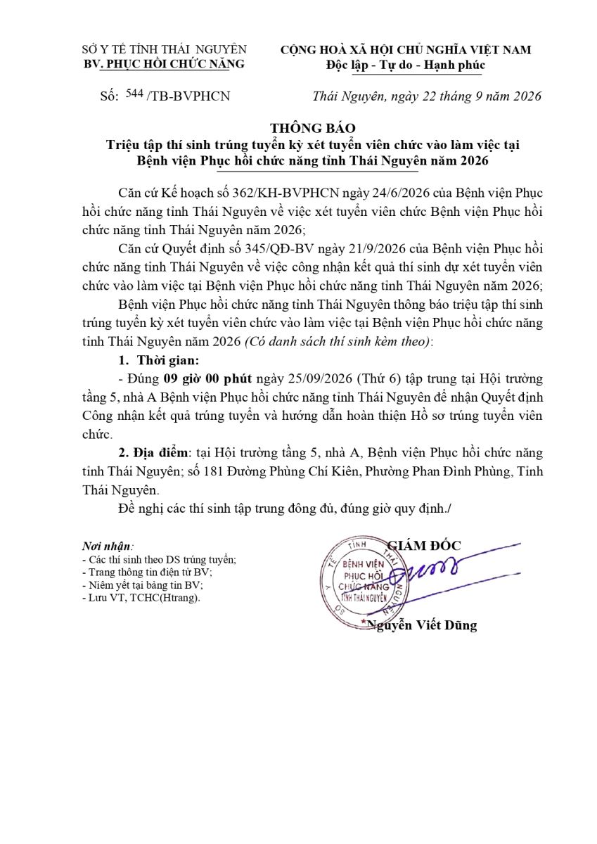 Thông báo triệu tập thí sinh trúng tuyển kỳ xét tuyển viên chức vào làm việc tại Bệnh viện Phục hồi chức năng tỉnh Thái Nguyên