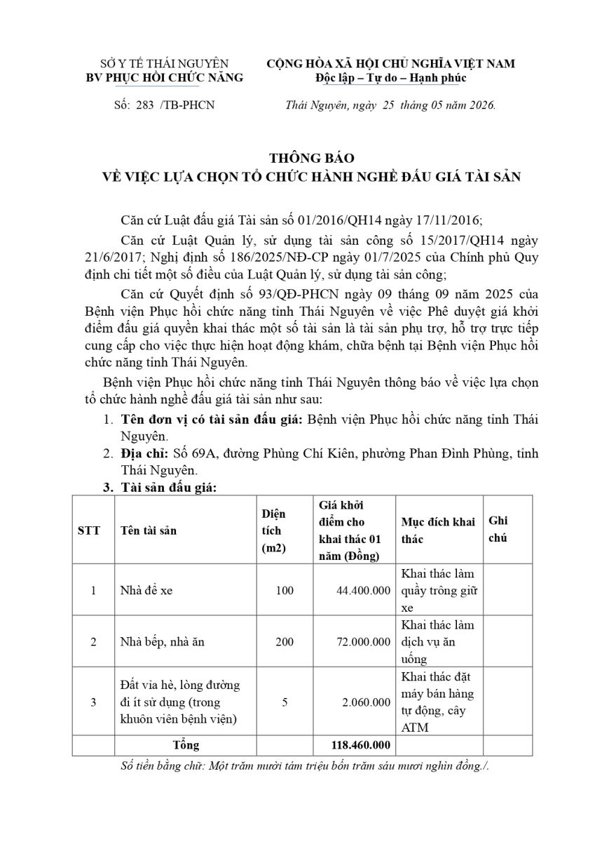 THÔNG BÁO VỀ VIỆC LỰA CHỌN TỔ CHỨC HÀNH NGHỀ ĐẤU GIÁ TÀI SẢN