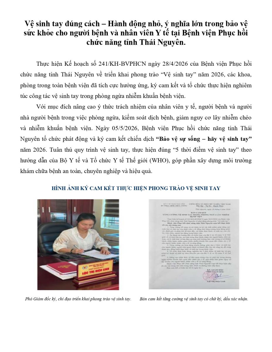 Vệ sinh tay đúng cách – Hành động nhỏ, ý nghĩa lớn trong bảo vệ sức khỏe cho người bệnh và nhân viên Y tế tại Bệnh viện Phục hồi chức năng tỉnh Thái Nguyên