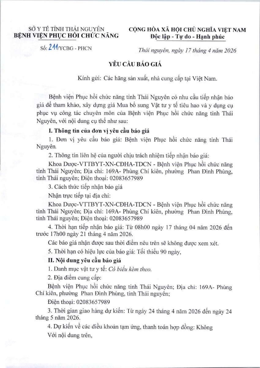 Thông báo báo giá mua bổ sung vật tư y tế tiêu hao và y dụng cụ