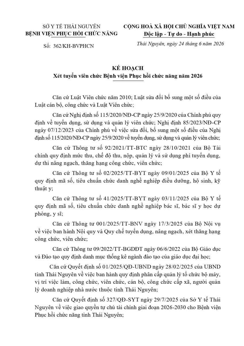 Tuyển dụng viên chức làm việc tại Bệnh viện Phục hồi chức năng tỉnh Thái Nguyên năm 2026